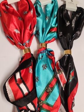 Mint Satin Neck Scarves Trio in Red, Teal & Black with Gold Ring